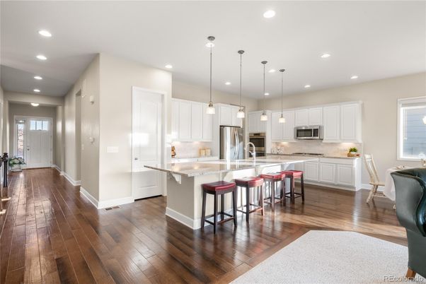 Interior, Kitchen, Pendant Lights, Recessed Lighting, Stainless Steel Appliances, Wood Texture Flooring