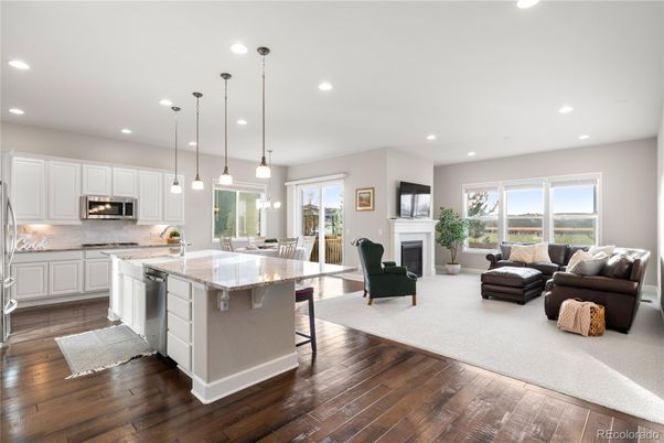 Dining room, Fireplace, Interior, Kitchen, Living room, Pendant Lights, Recessed Lighting, Stainless Steel Appliances, Wood Texture Flooring
