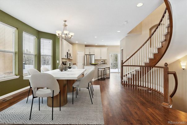 Chandelier, Dining room, Interior, Kitchen, Recessed Lighting, Stainless Steel Appliances, Wood Texture Flooring