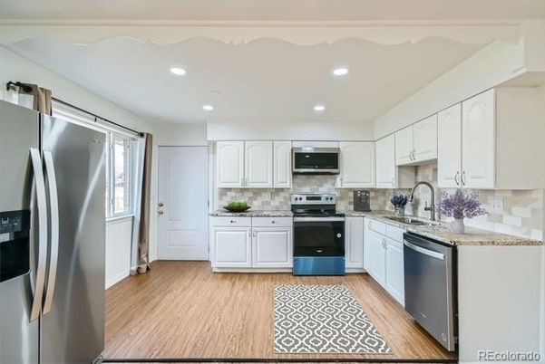 Interior, Kitchen, Recessed Lighting, Stainless Steel Appliances, Wood Texture Flooring