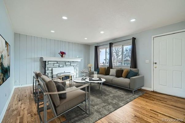 Fireplace, Interior, Living room, Recessed Lighting, Wood Texture Flooring