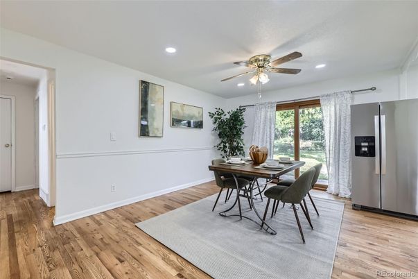 Dining room, Interior, Recessed Lighting, Stainless Steel Appliances, Wood Texture Flooring