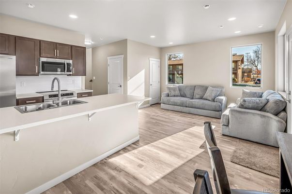 Interior, Kitchen, Living room, Recessed Lighting, Stainless Steel Appliances, Wood Texture Flooring