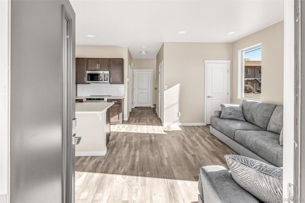 Interior, Kitchen, Living room, Recessed Lighting, Stainless Steel Appliances, Wood Texture Flooring