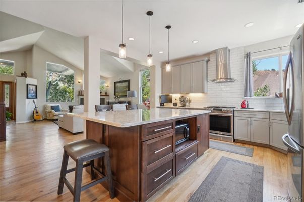 Interior, Kitchen, Living room, Pendant Lights, Recessed Lighting, Stainless Steel Appliances, Wood Texture Flooring