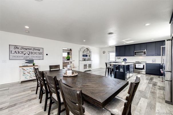 Dining room, Interior, Kitchen, Recessed Lighting, Wood Texture Flooring