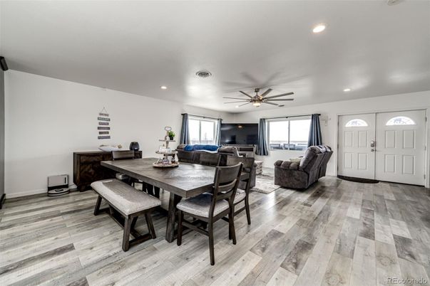 Dining room, Interior, Living room, Recessed Lighting, Wood Texture Flooring