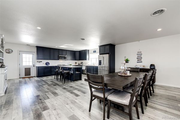 Dining room, Interior, Kitchen, Recessed Lighting, Wood Texture Flooring