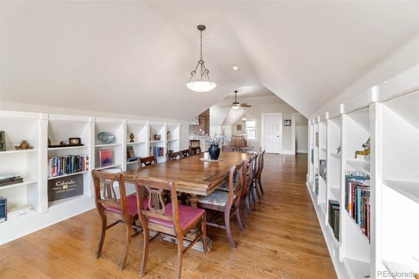 Dining room, Interior, Pendant Lights, Wood Texture Flooring
