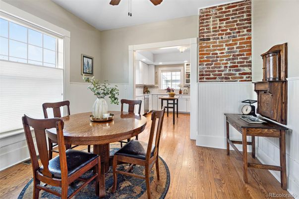 Dining room, Interior, Recessed Lighting, Stone Walls, Wood Texture Flooring