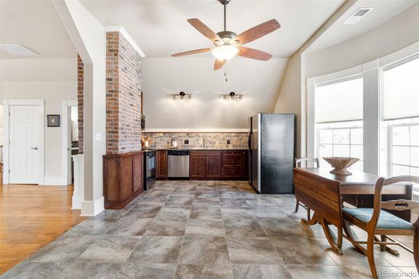 Interior, Kitchen, Stainless Steel Appliances, Stone Walls, Wood Texture Flooring