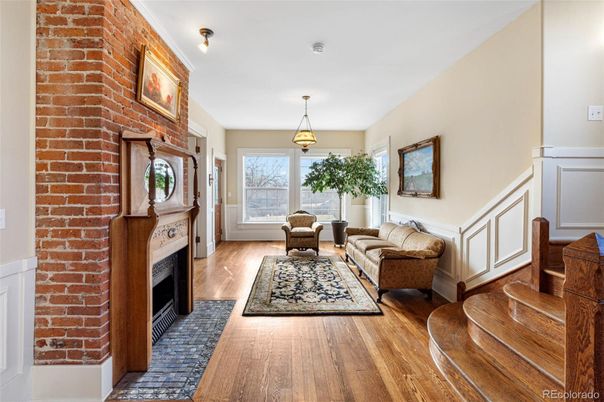 Fireplace, Interior, Living room, Pendant Lights, Stone Walls, Wood Texture Flooring