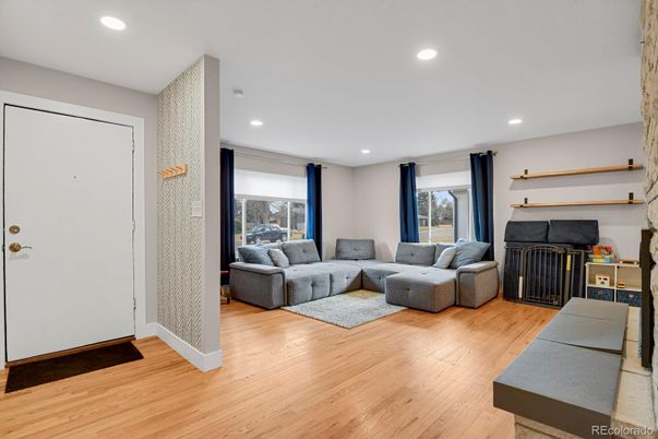 Fireplace, Interior, Living room, Recessed Lighting, Wood Texture Flooring