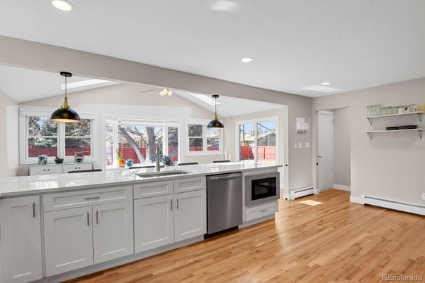 Interior, Kitchen, Pendant Lights, Recessed Lighting, Wood Texture Flooring