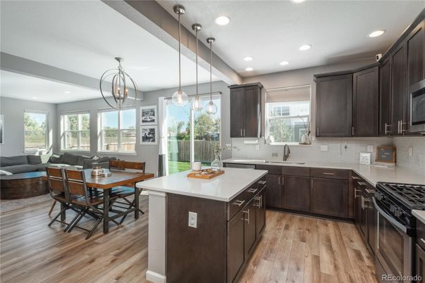 Dining room, Interior, Kitchen, Living room, Pendant Lights, Recessed Lighting, Wood Texture Flooring