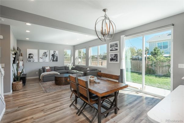Dining room, Interior, Living room, Pendant Lights, Recessed Lighting, Wood Texture Flooring