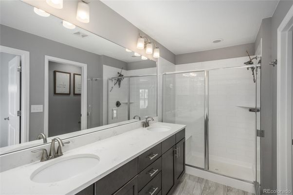 Bathroom, Dual Sink Vanities, Glass Shower, Interior, Wood Texture Flooring