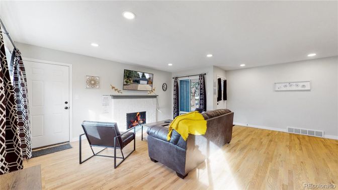 Fireplace, Interior, Living room, Recessed Lighting, Wood Texture Flooring