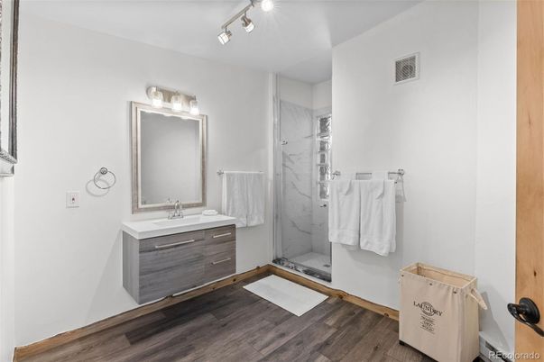 Bathroom, Interior, Marble Walls, Wood Texture Flooring