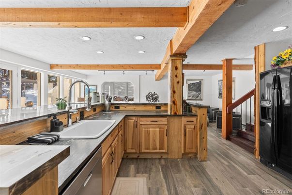 Interior, Kitchen, Recessed Lighting, Stainless Steel Appliances, Wooden Beams, Wood Texture Flooring