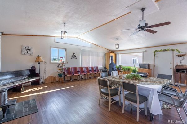 Dining room, Interior, Pendant Lights, Wood Texture Flooring