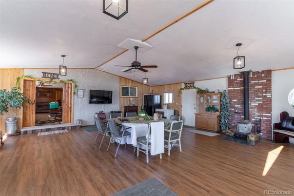Dining room, Interior, Pendant Lights, Wood Texture Flooring