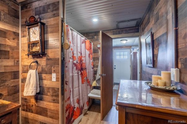 Bathroom, Interior, Recessed Lighting, Wood Texture Flooring, Wooden Walls