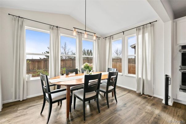 Dining room, Interior, Pendant Lights, Wood Texture Flooring