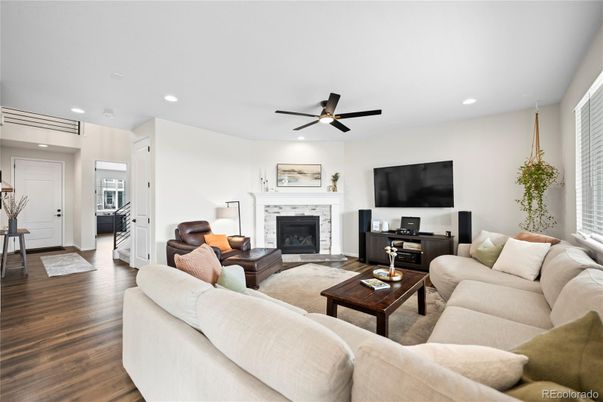 Fireplace, Interior, Living room, Recessed Lighting, Wood Texture Flooring