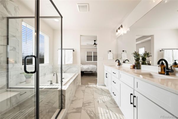 Bathroom, Bedroom, Dual Sink Vanities, Glass Shower, Interior, Marble