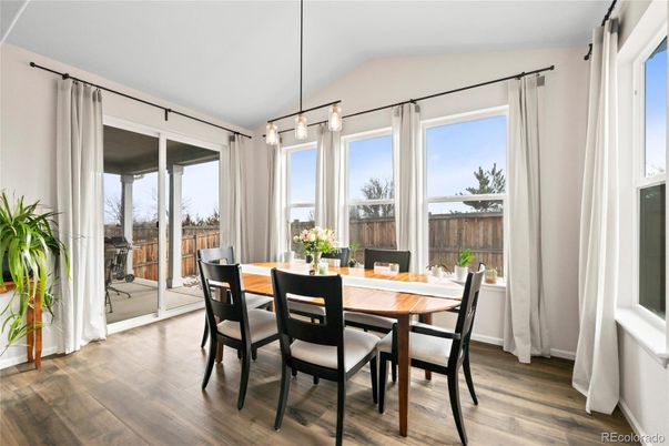Dining room, Interior, Pendant Lights, Wood Texture Flooring