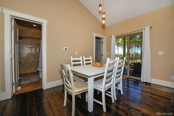 Dining room, Interior, Pendant Lights, Wood Texture Flooring