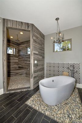 Bathroom, Chandelier, Free Standing Baths, Interior, Recessed Lighting, Wooden Walls