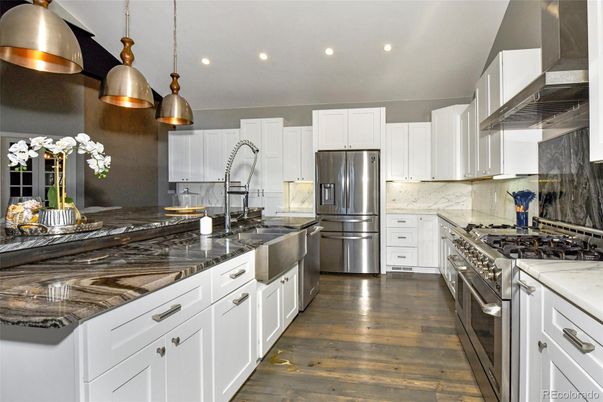 Interior, Kitchen, Pendant Lights, Recessed Lighting, Stainless Steel Appliances, Wood Texture Flooring