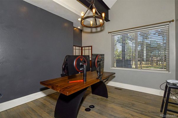 Chandelier, Home Office, Interior, Pendant Lights, Wood Texture Flooring