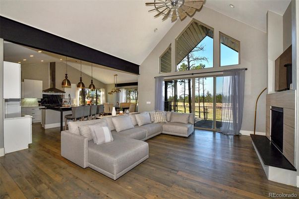 Dining room, Fireplace, Interior, Kitchen, Living room, Pendant Lights, Recessed Lighting, Wood Texture Flooring