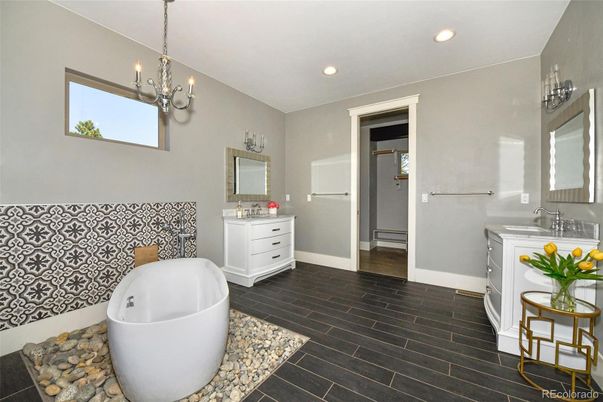 Bathroom, Chandelier, Dual Sink Vanities, Free Standing Baths, Interior, Recessed Lighting, Wood Texture Flooring