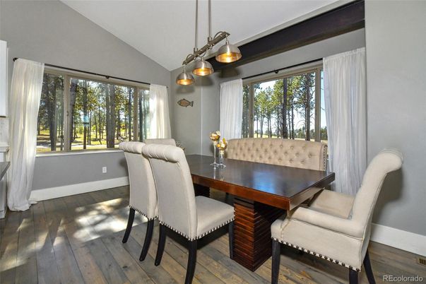 Dining room, Interior, Pendant Lights, Wood Texture Flooring
