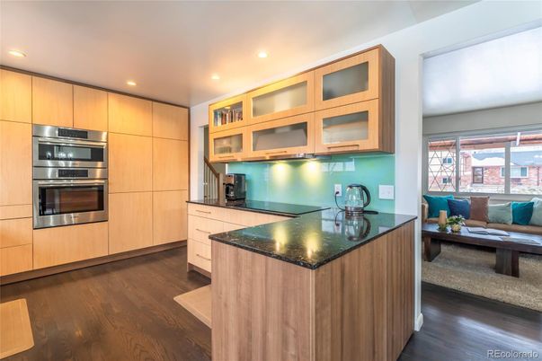 Interior, Kitchen, Living room, Recessed Lighting, Stainless Steel Appliances, Wood Texture Flooring