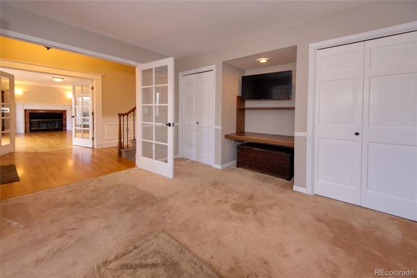 Empty room, Fireplace, Interior, Recessed Lighting, Wood Texture Flooring