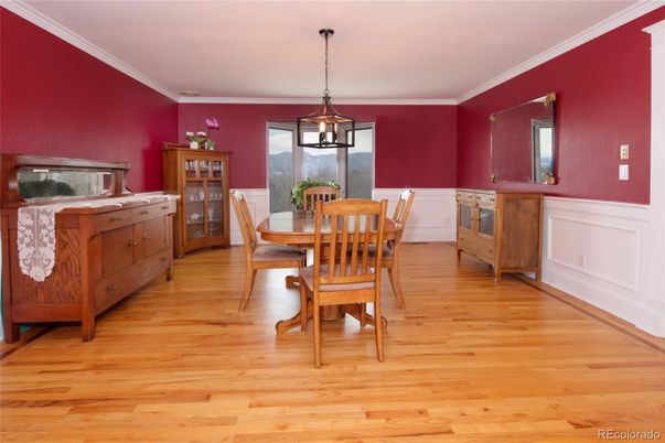 Dining room, Interior, Pendant Lights, Wood Texture Flooring