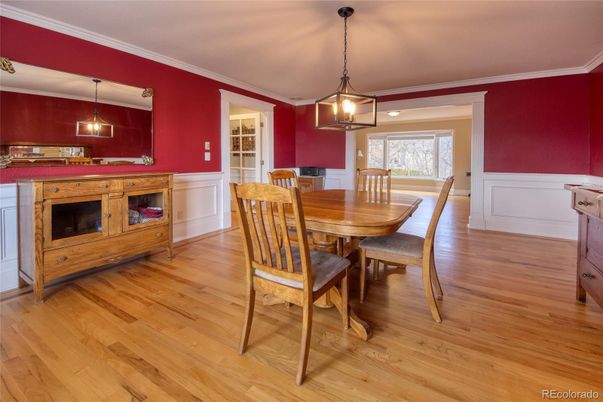 Dining room, Interior, Pendant Lights, Wood Texture Flooring