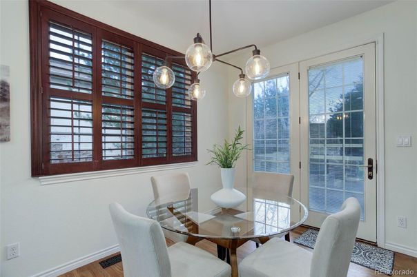 Dining room, Interior, Pendant Lights, Wood Texture Flooring