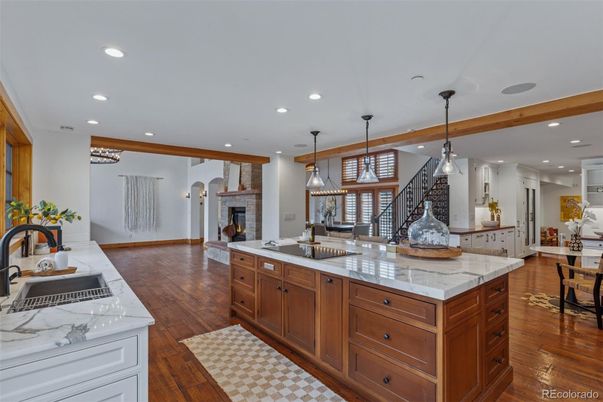 Fireplace, Interior, Kitchen, Pendant Lights, Recessed Lighting, Wood Texture Flooring