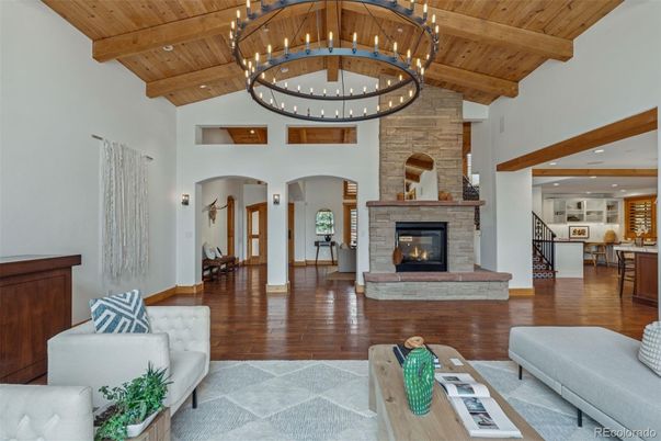 Chandelier, Fireplace, Interior, Kitchen, Pendant Lights, Recessed Lighting, Stone Walls, Wooden Beams, Wooden Ceilings, Wood Texture Flooring