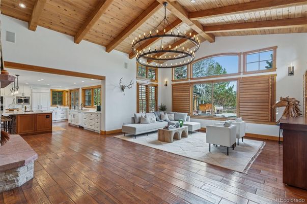Chandelier, Interior, Kitchen, Living room, Pendant Lights, Recessed Lighting, Wooden Beams, Wooden Ceilings, Wood Texture Flooring