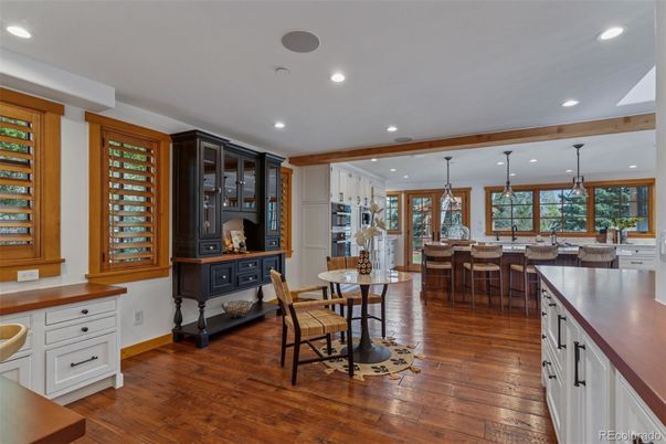 Dining room, Interior, Kitchen, Pendant Lights, Recessed Lighting, Wood Texture Flooring