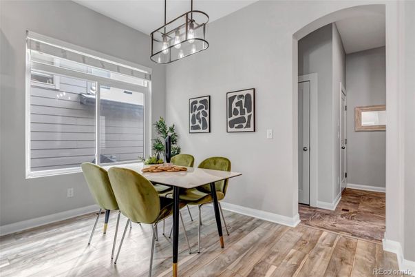 Dining room, Interior, Pendant Lights, Wood Texture Flooring