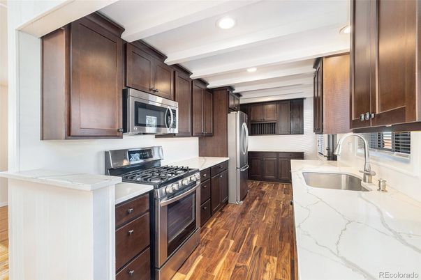 Interior, Kitchen, Recessed Lighting, Stainless Steel Appliances, Wood Texture Flooring