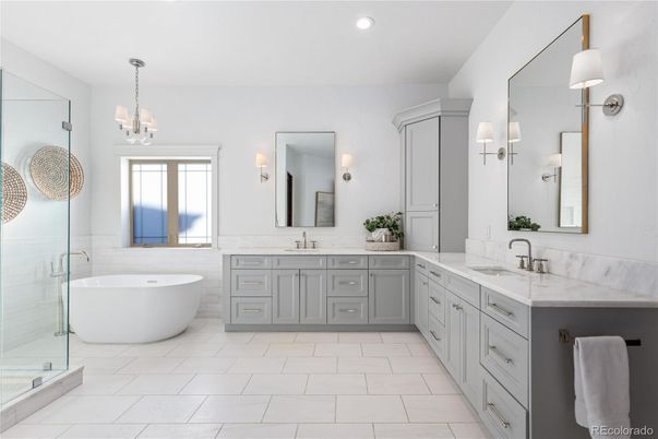 Bathroom, Dual Sink Vanities, Free Standing Baths, Glass Shower, Interior, Pendant Lights, Recessed Lighting